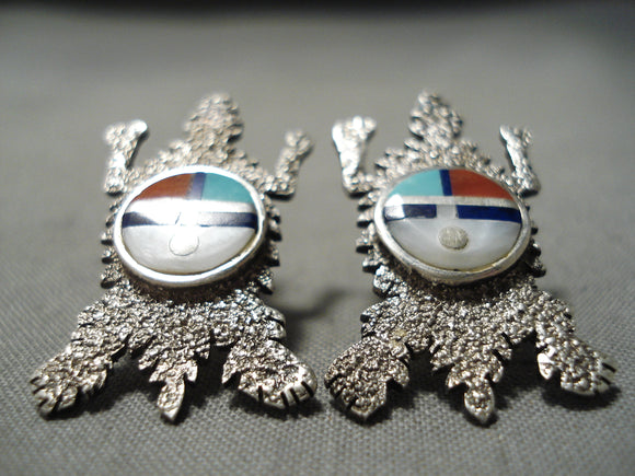 Best Vintage Native American Navajo Turquoise Lapis Sterling Silver Toad Earrings-Nativo Arts