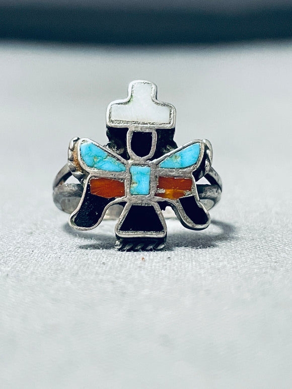 Amazing Vintage Native American Zuni Inlay Turquoise Jet Coral Sterling Silver Knifewing Ring-Nativo Arts