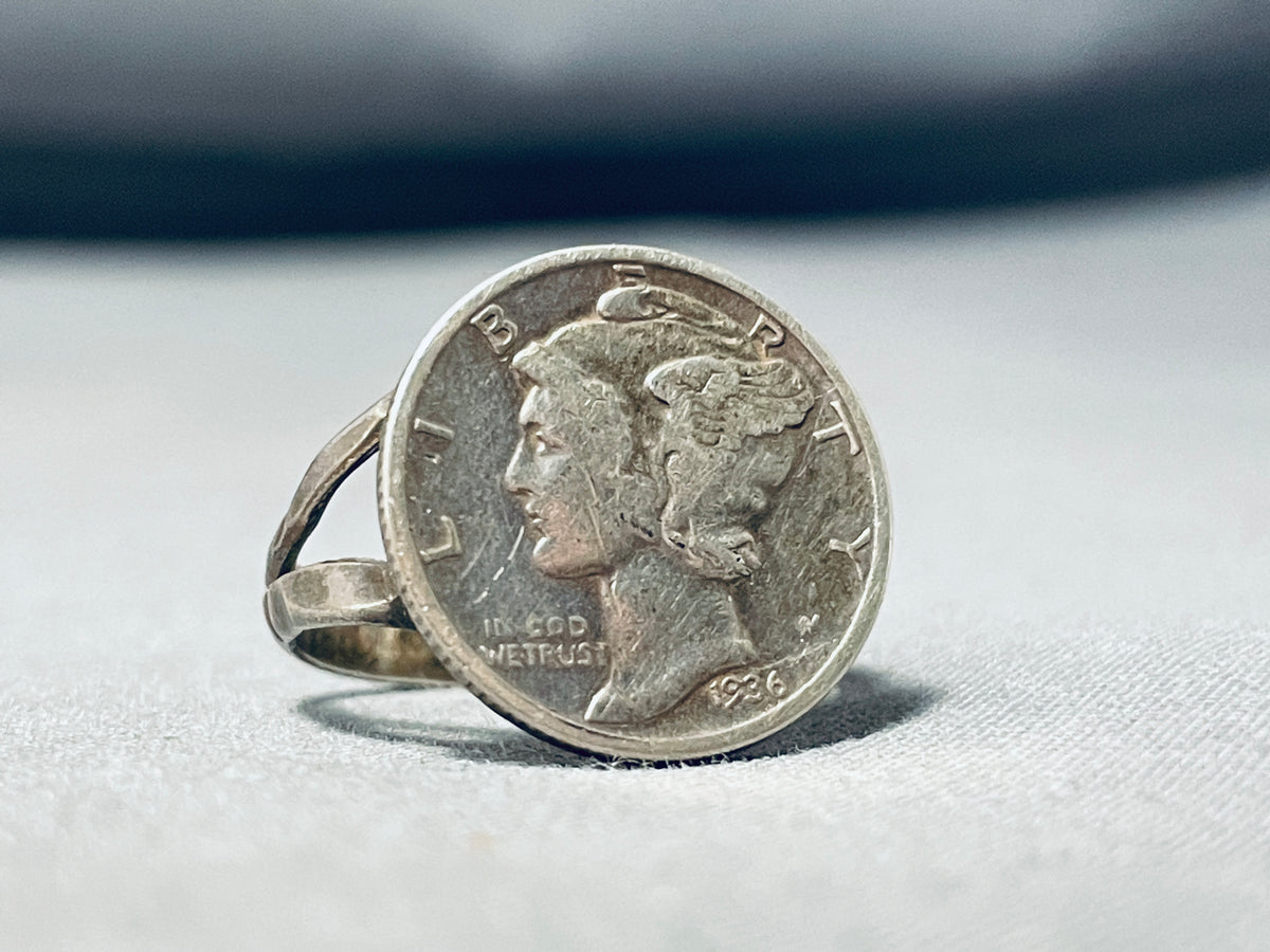 Unique Very Old Vintage Native American Navajo Sterling Silver Dime Ri ...