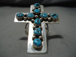Magnificent Vintage Native American Navajo Kevin Johnson Turquoise Sterling Silver Cross Ring-Nativo Arts