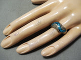 Detailed Vintage Native American Navajo Turquoise Wave Sterling Silver Ring Old-Nativo Arts