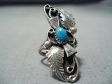 Amazing Vintage Native American Navajo Blue Gem Turquoise Sterling Silver Leaf Ring Old-Nativo Arts
