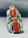 Dazzling Native American Navajo Coral Sterling Silver Ring-Nativo Arts