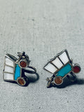 Old Covered Wagon Vintage Native American Zuni Turquoise Sterling Silver Inlay Earrings-Nativo Arts