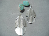 Signed Native American Navajo Royston Turquoise Sterling Silver Feather Earrings-Nativo Arts