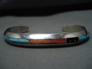 Striking Vintage Native American Navajo Turquoise Inlay Spine Sterling Silver Bracelet-Nativo Arts