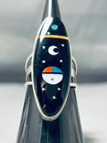 Dramatic Native American Navajo Jet Stone Sterling Silver Inlay Ring Signed-Nativo Arts