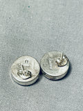 Famous Inlayer Native American Navajo Coral Inlay Sterling Silver American Flag Earrings-Nativo Arts