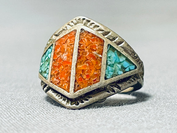 Authentic Older Vintage Native American Navajo Turquoise Coral Sterling Silver Ring Old-Nativo Arts