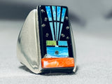 Native American Heavy Space Inlay Navajo Turquoise Sterling Silver Ring-Nativo Arts