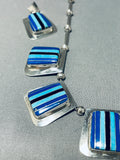 Unique Long Stone Inlay Vintage Native American Navajo Turquoise Sterling Silver Necklace-Nativo Arts