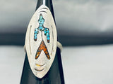 Intricate Vintage Native American Navajo Turquoise Coral Sterling Silver Inlay Ring-Nativo Arts