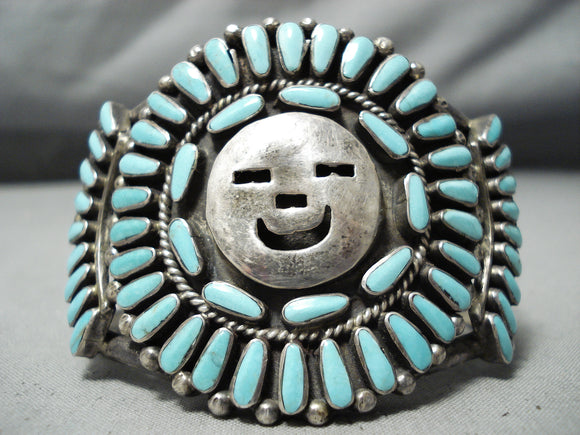 Heavy Huge Vintage Native American Navajo Happy Face Turquoise Sterling Silver Bracelet-Nativo Arts