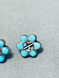 Dynamic Vintage Native American Zuni Blue Gem Turquoise Sterling Silver Earrings-Nativo Arts