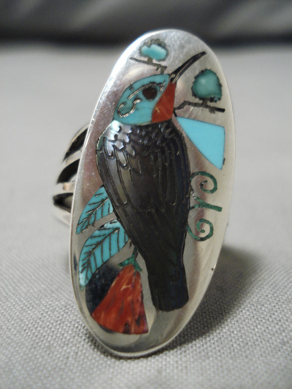 Important Native American Zuni Harlan Coonsis Hummingbird Turquoise Sterling Silver Inlay Ring-Nativo Arts