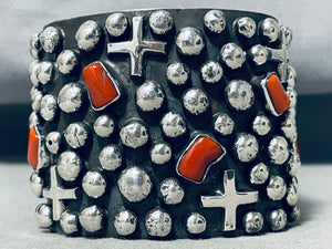 One Of The Best Ever Native American Navajo Coral Cross Sterling Silver Bracelet-Nativo Arts