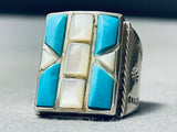 Huge Vintage Native American Navajo Turquoise Inlay Sterling Silver Ring-Nativo Arts