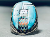 Amazing Southwest Inlay Turquoise Coral Opal Kachina Sterling Silver Ring-Nativo Arts
