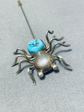 Native American Impressive Vintage Signed Morenci Turquoise Sterling Silver Spider Hat Pin-Nativo Arts
