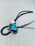 One Of A Kind Vintage Native American Navajo Blue Gem Turquoise Sterling Silver Coyote Bolo Tie-Nativo Arts