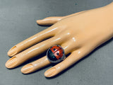 Captivating Native American Navajo Signed Coral Jet Turquoise Sterling Silver Ladybug Ring-Nativo Arts