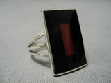 Important Native American Zuni Harlan Coonsis Coral Inlay Sterling Silver Ring-Nativo Arts