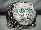 Native American One Of The Most Unique Vintage Turquoise Kitty Cat Sterling Silver Bracelet-Nativo Arts