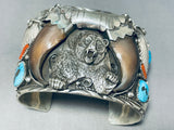 Big Mens Native American Navajo Turquoise Coral Sterling Silver Bear Bracelet-Nativo Arts