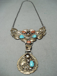 Harry B Yazzie Vintage Native American Navajo Turquoise Sterling Silver Gold Necklace-Nativo Arts