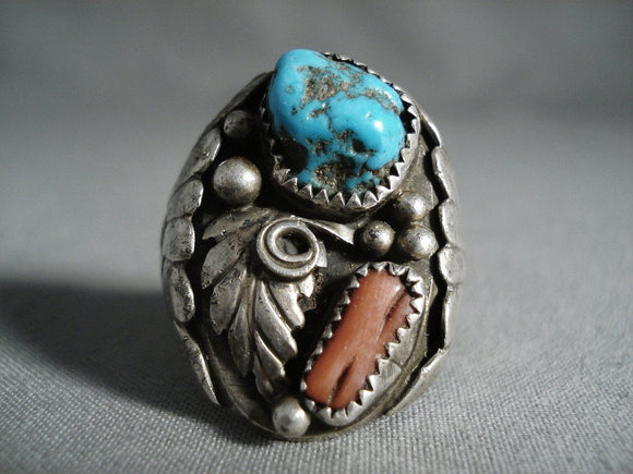 Chunky Huge Vintage Navajo Turquoise Coral Native American Jewelry Silver Leaf Ring Old-Nativo Arts