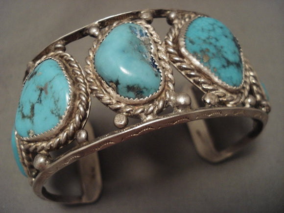 Chunky Old Navajo Nlue Turquoise Native American Jewelry Silver Rbacelet- For Large Wrist-Nativo Arts