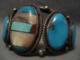 Chunky Vintage Navajo Channel Inlay Turquoise Native American Jewelry Silver Bracelet-Nativo Arts