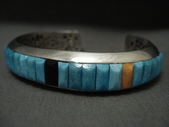 Collector Alert! Navajo Ray Adakai Turquoise Row Native American Jewelry Silver 'Internal Stmp' Bracelet-Nativo Arts