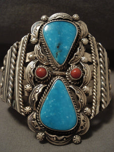 Colossal 100 Grams Modernistic Navajo Turquoise Coral Native American Jewelry Silver Bracelet-Nativo Arts