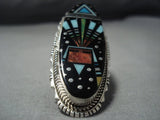 Colossal Native American Jewelry Navajo Midnight Space Kachina Turquoise Coral Sterling Silver Ring-Nativo Arts