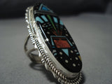Colossal Native American Jewelry Navajo Midnight Space Kachina Turquoise Coral Sterling Silver Ring-Nativo Arts