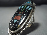 Colossal Native American Jewelry Navajo Midnight Space Kachina Turquoise Coral Sterling Silver Ring-Nativo Arts