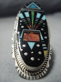 Colossal Native American Jewelry Navajo Midnight Space Kachina Turquoise Coral Sterling Silver Ring-Nativo Arts