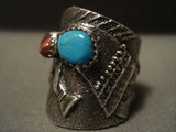 Colossal Navajo Kokplelli Tufa Turquoise Coral Sterling Native American Jewelry Silver Ring Jewelry-Nativo Arts