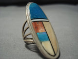 Colossal Vintage Native American Jewelry Navajo Turquoise Sterling Silver Inlay Ring Old-Nativo Arts