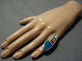 Colossal Vintage Native American Jewelry Navajo Turquoise Sterling Silver Inlay Ring Old-Nativo Arts