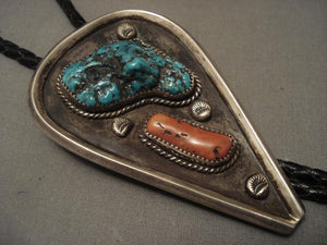 Colossal Vintage Navajo 1950's Turquoise Coral Native American Jewelry Silver Bolo Tie-Nativo Arts