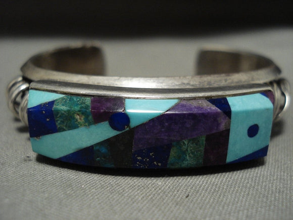 Complex Multi Technique Vintage Navajo Turquoise Lapis Native American Jewelry Silver Bracelet Old-Nativo Arts
