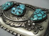 Convex Vintage Navajo Turquoise Sterling Native American Jewelry Silver Buckle - 102 Grams-Nativo Arts