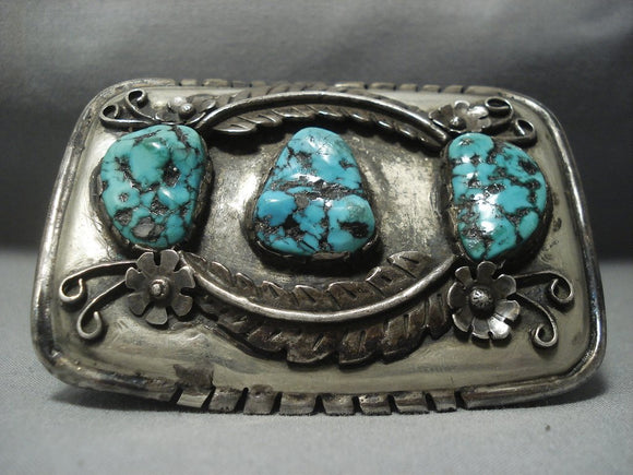 Convex Vintage Navajo Turquoise Sterling Native American Jewelry Silver Buckle - 102 Grams-Nativo Arts