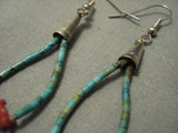 Cute! Mini Turquoise Heishi Vintage Navajo Coral Sterling Native American Jewelry Silver Jacla Earrings-Nativo Arts