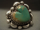 Cute Vintage Navajo Natural Green Turquoise 'Heart' Native American Jewelry Silver Ring-Nativo Arts