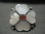 Cute Vintage Zuni Pearl Flower Coral Native American Jewelry Silver Bracelet Ring Set-Nativo Arts
