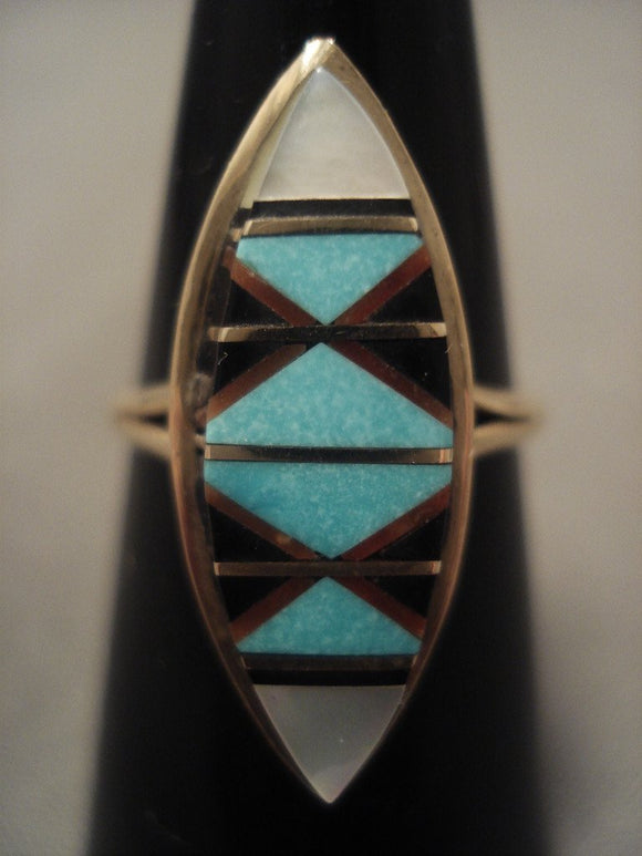 Cute Vintage Zuni Solid 14k Gold Turquoise Ring Old-Nativo Arts