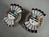 Cute Vintage Zuni Turquoise Coral Native American Jewelry Silver Sun Earrings-Nativo Arts
